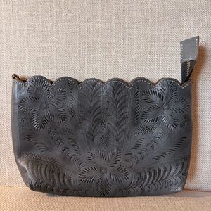 JL Saldivar Gray Tooled Floral Leather Boho Clutch and Wristlet